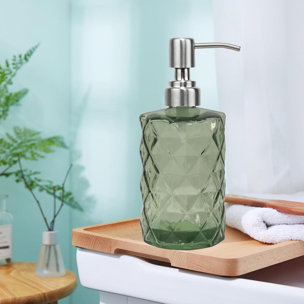 12Oz Green Glass Soap Dispenser, Liquid Hand Bottle, Stainless Steel Pump