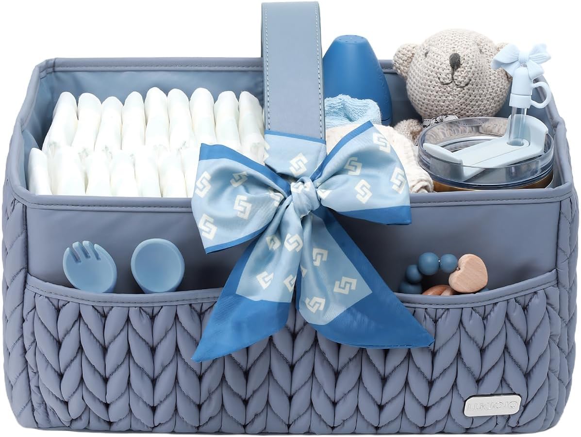 Luxurious Baby Diaper Caddy, Nursery Storage Basket for Newborn Essentials, Travel Baby Basket for Diapers Baby Wipes, Organizer Tote Bag Storage Bin, Baby Shower Gifts(ash blue)