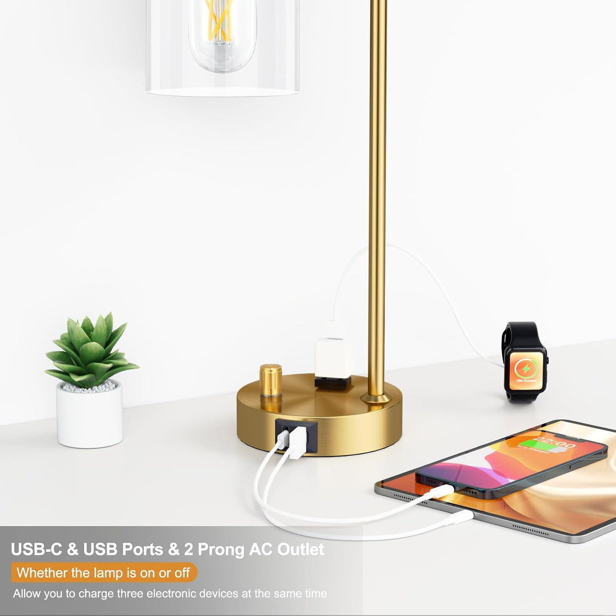 Innqoo Gold Table Lamp for Bedroom - Industrial Bedside Lamp with USB Port and Outlet, Fully Dimmable Nightstand Lamp with Clear Glass Shade, Small Desk Lamps for Home Office