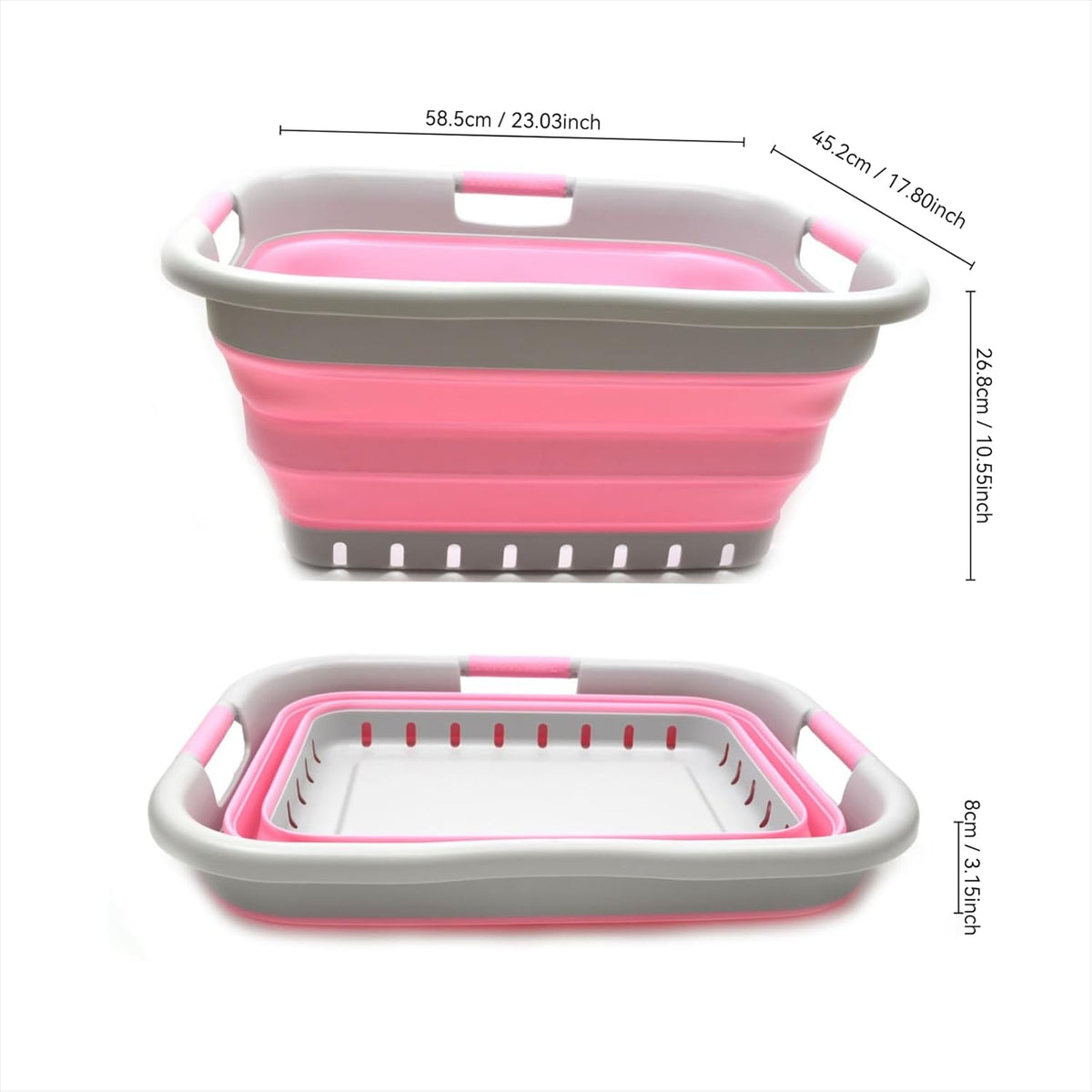 SAMMART 41L (10.8 gallon) Collapsible 3 Handled Plastic Laundry Basket - Foldable Pop Up Storage Container/Organizer - Portable Washing Tub - Space Saving (3 handled rectangular, Grey/Pink)