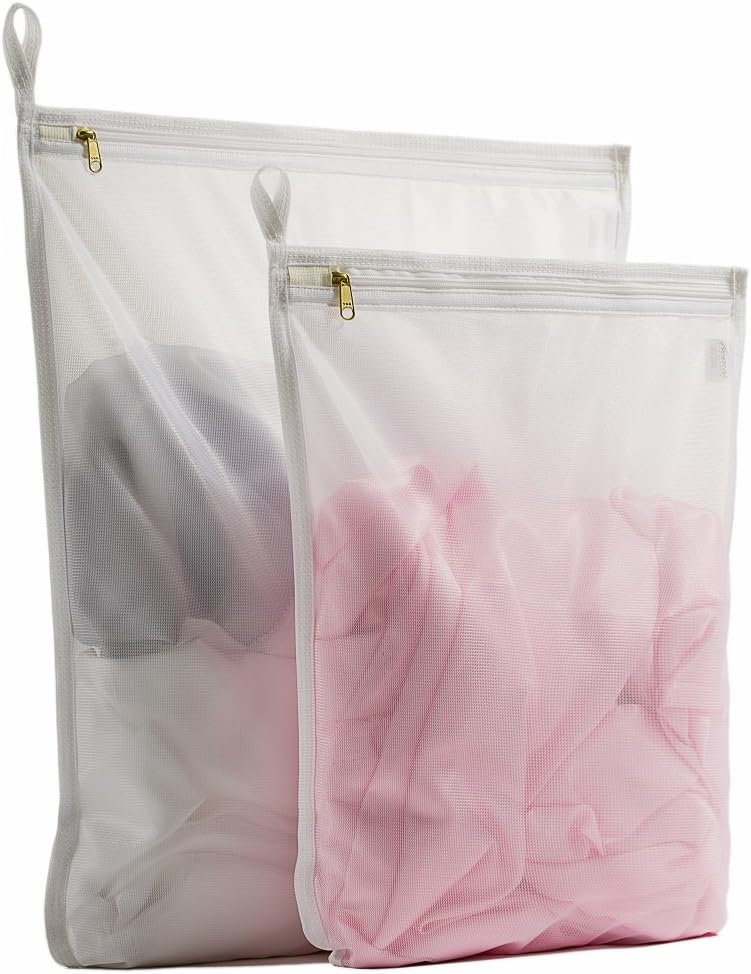 TENRAI Delicates Laundry Bags, Bra Fine Mesh Wash Bag for Underwear, Lingerie, Bra, Pantyhose, Socks, Use YKK Zipper, Have Hanger Loops (White, 1 Large & 1 Medium)