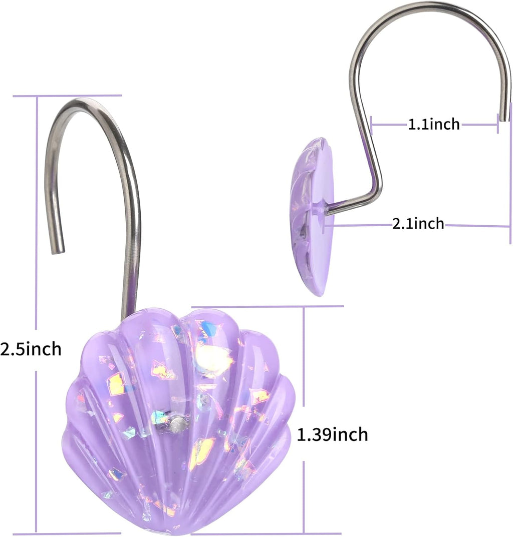 Seashell Shower Curtain Hooks, 12PCS Stainless Steel Anti Rust Starfish and Seashell Decorative Shower Hooks Ocean Theme Shower Curtain Hooks for Home Bathroom (Purple Seashell)