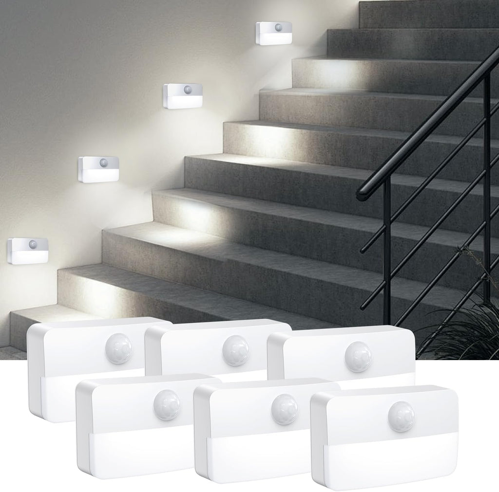 AMIR 6 Pack Mini Motion Sensor Stair Light for Indoor, Battery-Powered LED Night Light, 40 Lumen 6500K, Cordless Closet Lights, Safe Lights for Stairs, Hallway, Bathroom, Kitchen, Cabinet