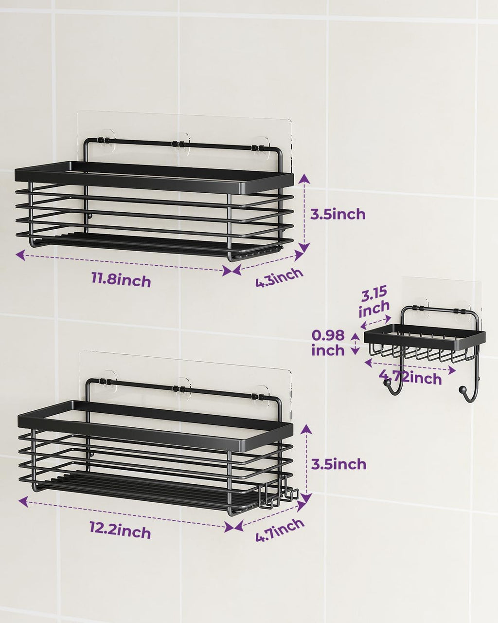 ODesign Shower Shelves Adhesive 3 Pack Stainless Steel Storage Shelve-Black