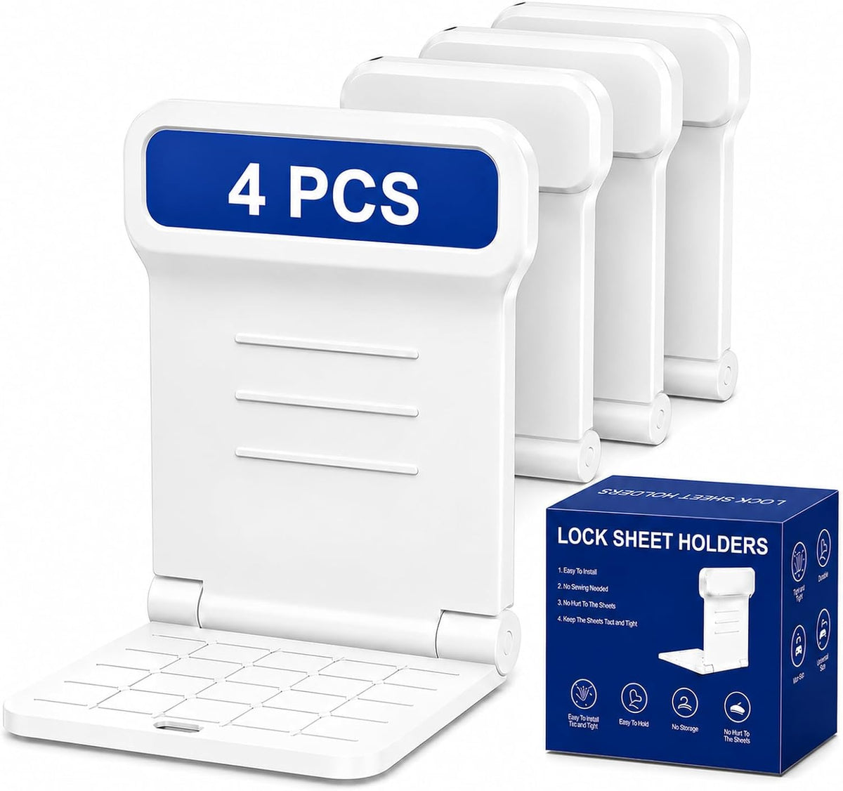 4-Pack Bed Sheet Holders, No-Metal Locking Corner Grippers