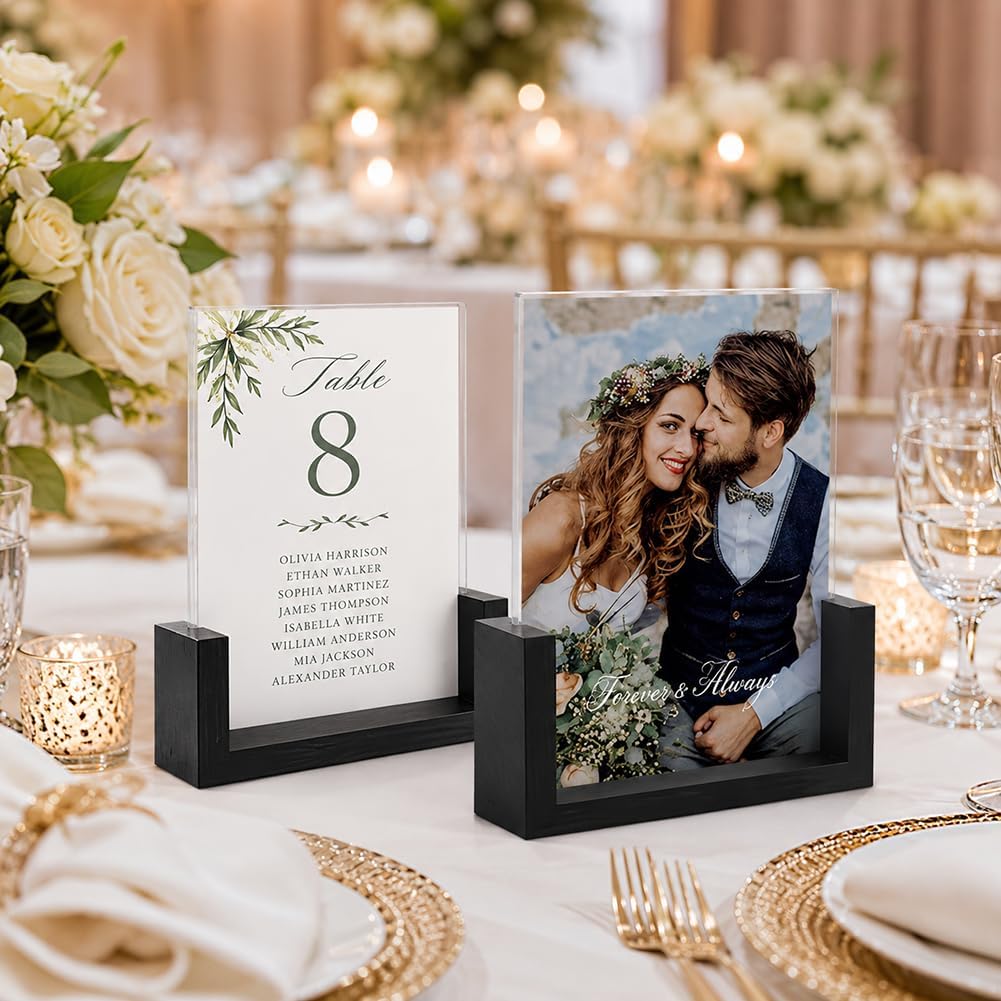 PETAFLOP 5x7 Picture Frame Set of 2, Black Rustic Wooden Photo Frames 5 by 7 Inch with HD Glass, U Shaped Double Sided Menu Holder Sign Card Stand for Tabletop Display