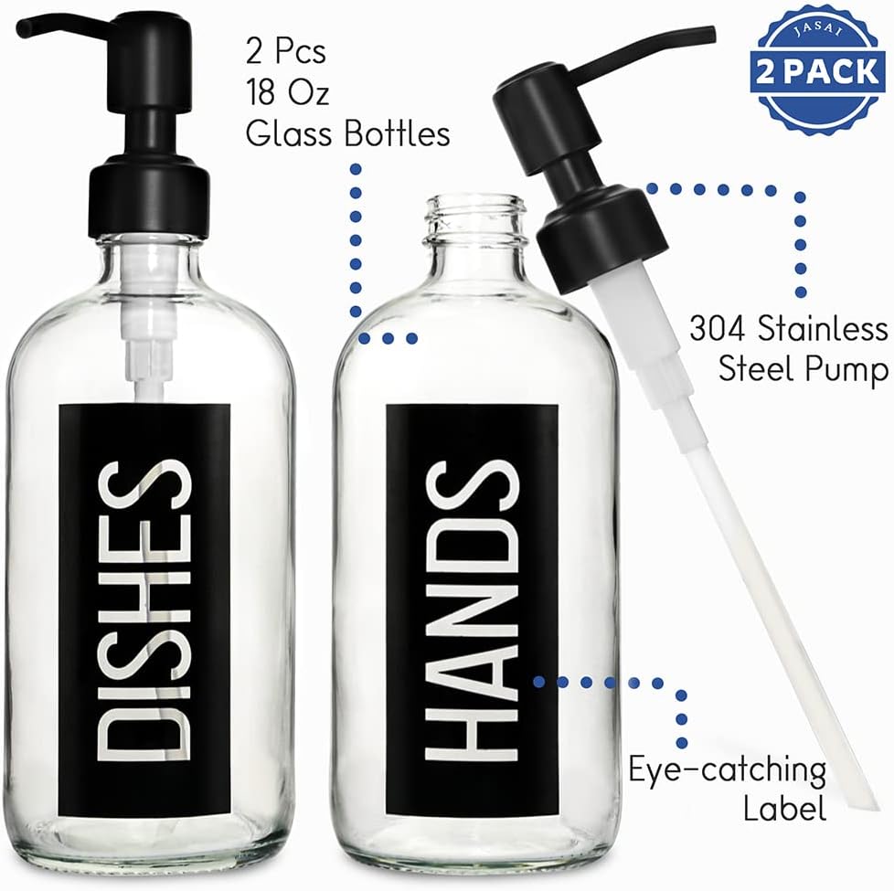 JASAI 2Pack 18OZ Glass Soap Dispenser with Black Hand & Dish Printed Label