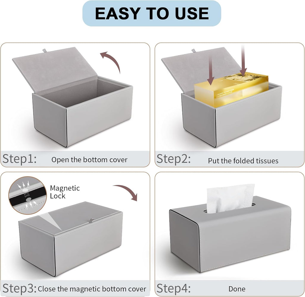 Tissue Box Cover, PU Leather Rectangular Tissue Box Holder with Magnetic Bottom Cover for Facial Tissues/Napkins, Office & Living Room Decor Box for Standard 120-count (3-Ply) 160-count (2-Ply) Gray