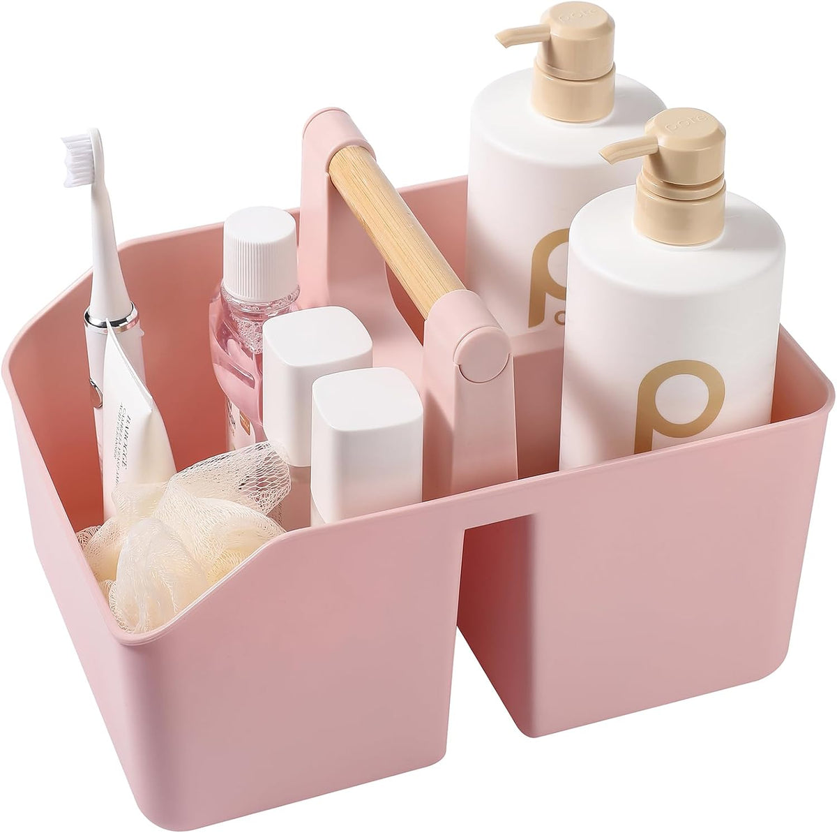 rejomiik Plastic Shower Caddy, Portable Basket with Bamboo Handle, Pink