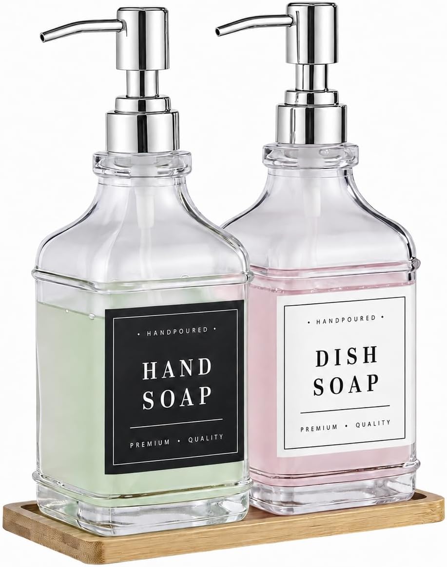 Kitchen Glass Soap Dispenser Set with Tray 2 with Silver Rust Proof Pump