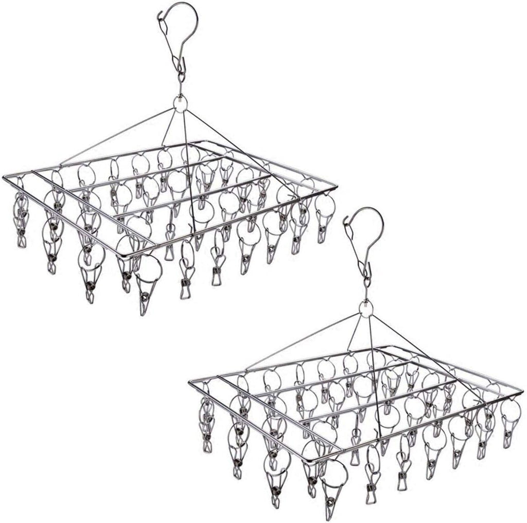 2 Pack Stainless Steel Sock Drying Rack with 72 Clips, Swivel Wind-Proof Hook Clothes Hanger Dryer for Sock, Underwear, Bra, Laundry Accessories