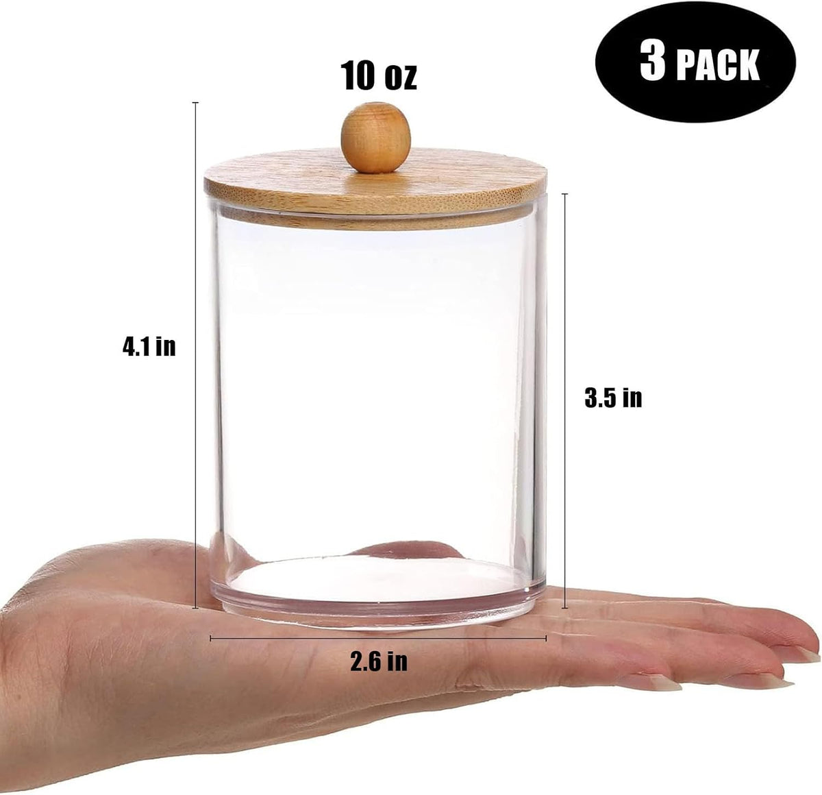 3Pack Acrylic Qtip Holder Dispenser with Wood Lids, Bathroom Organizer