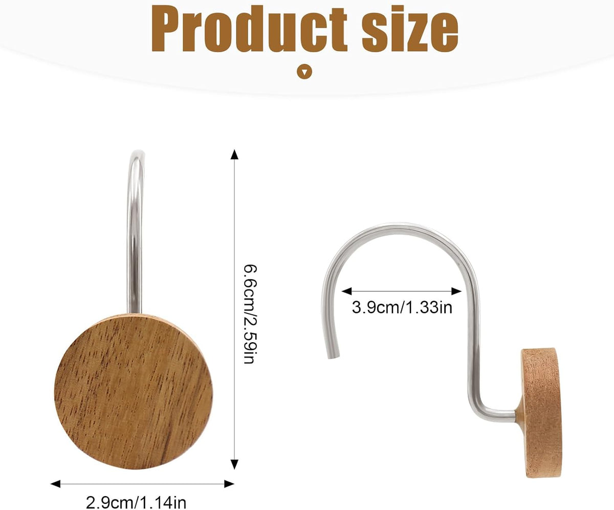 Shower Curtain Hooks, Wood Decorative Shower Curtain Rings, Modern Round Log Shower Curtain Hangers, 12PCS Shower Hooks for Shower Curtain Rod, Bedroom, Living Room (Silvery)