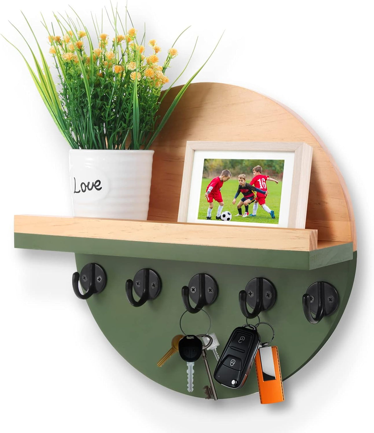 CRAKTH Key and Mail Holder for Wall Decorative, Wooden Boho Key Hanger with Shelf, Unique Two-Tone Circular Design Entryway Key Rack - Brown & Green