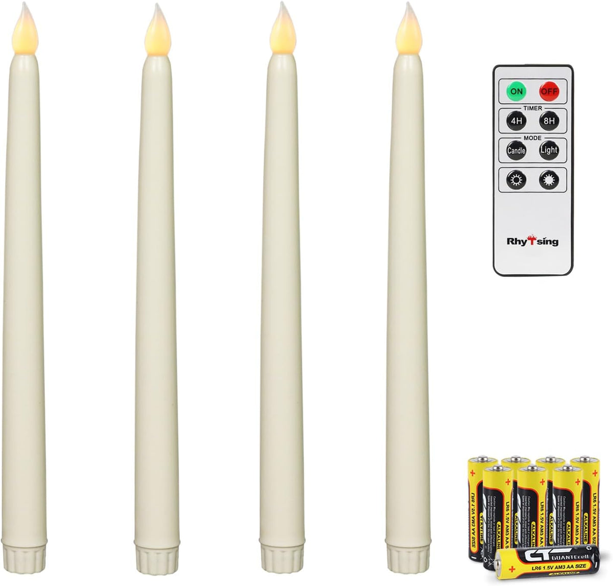 Ivory 10.8" Flameless Taper Candles with Timer, Battery Operated Dinner Candles, Smooth Wax Finish, Warm White LED, Remote & Batteries Included - Set of 4