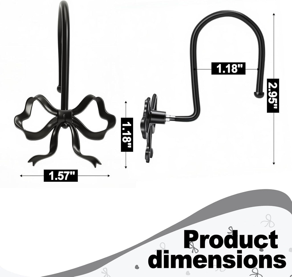 Black Bow Shower Curtain Hooks, 12 Pcs Metal Black Shower Curtain Hooks for Bathroom Decor, Cute and Rust-Proof, Suitable for Standard Showers Curtains Rods