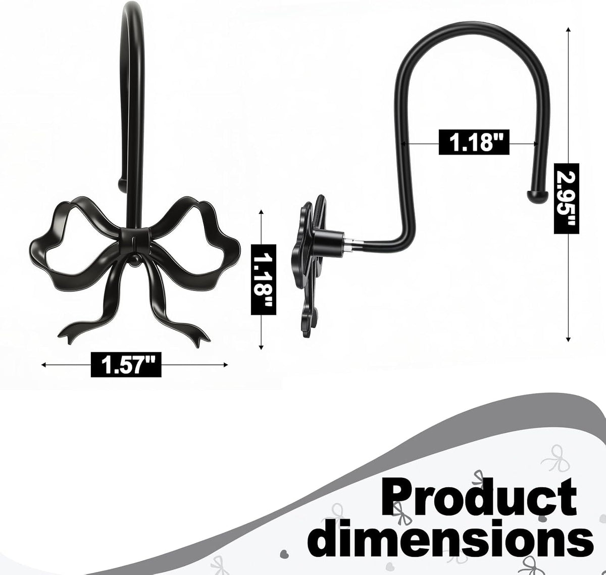 Black Bow Shower Curtain Hooks, 12 Pcs Metal Black Shower Curtain Hooks for Bathroom Decor, Cute and Rust-Proof, Suitable for Standard Showers Curtains Rods