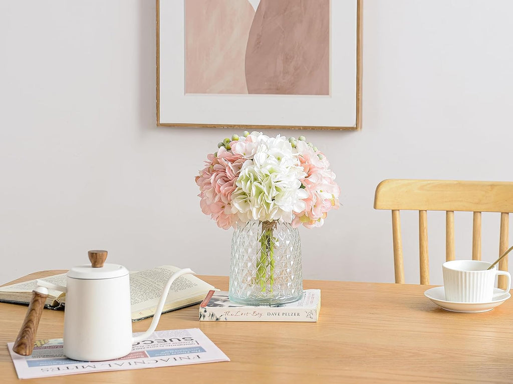 Wracra Hydrangeas Floral Arrangement in Glass Vase; Fake Flowers Pink