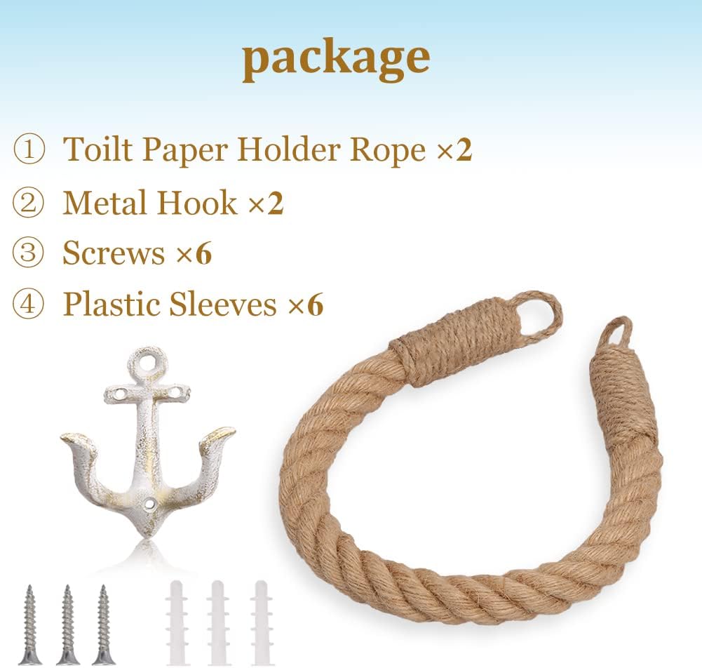 2 Pcs Nautical Rope Toilet Paper Holder Wall-Mounted Towel Ring Nautical Toilet Paper Holder with Metal Hooks Coastal Towel Rack Natural Antique Rope(White+White)