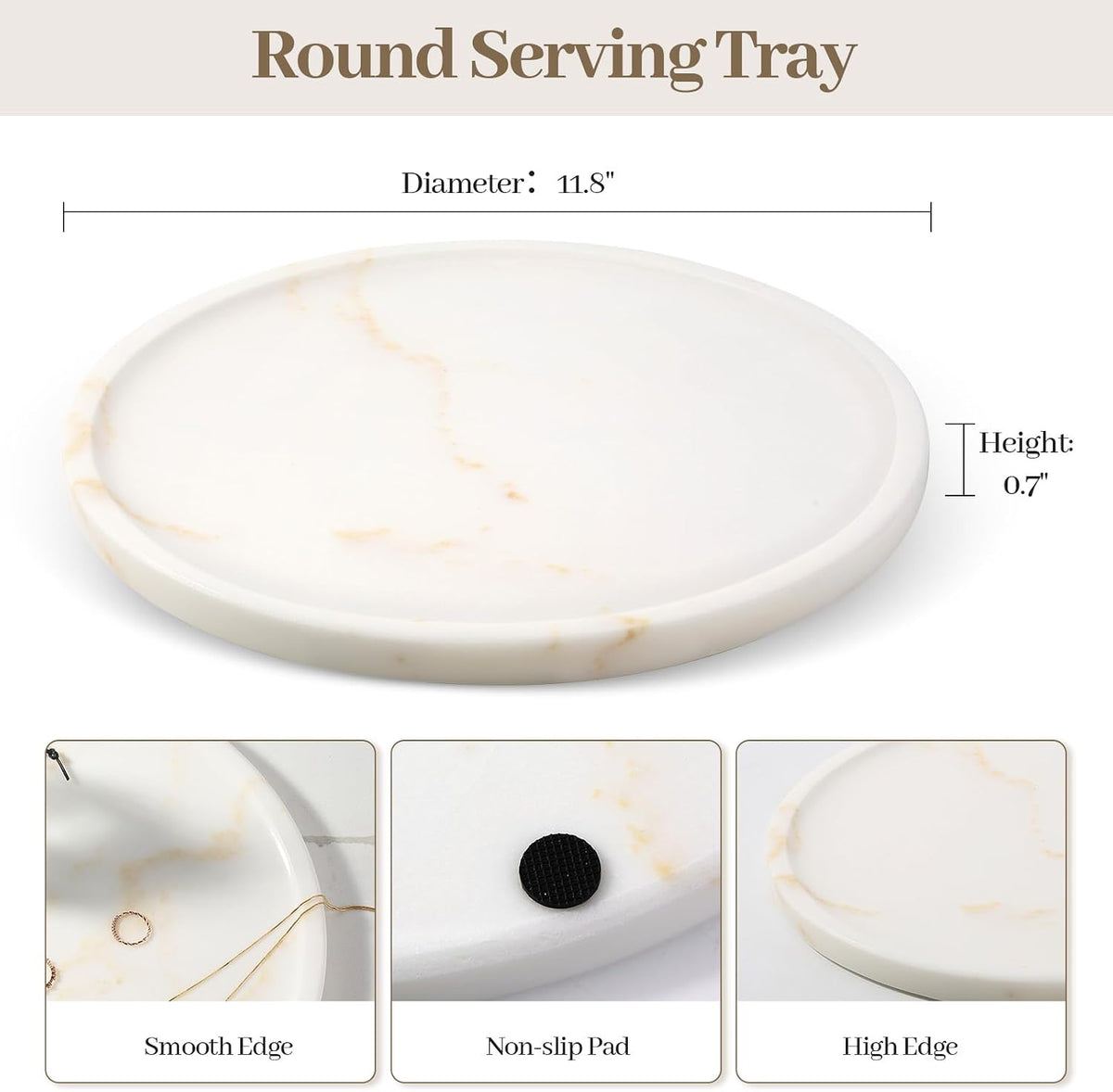 Karibiber Marble Serving Tray, 11.8in Round Vanity Tray for Bathroom Countertop, Calacatta White Candle Holder for Coffee Table/Kitchen, Stone Home Decorative Catchall Tray for Perfume