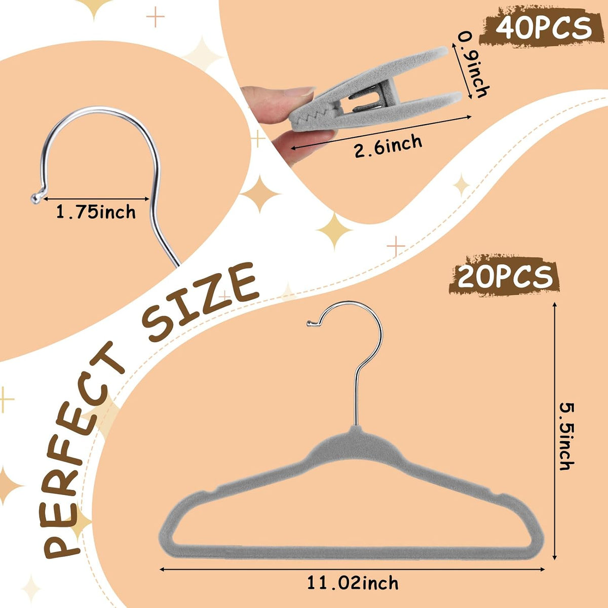 Soaoo 20 Pcs Grey Velvet Kids Hangers with Clips, 11 Inch Non-Slip Slim