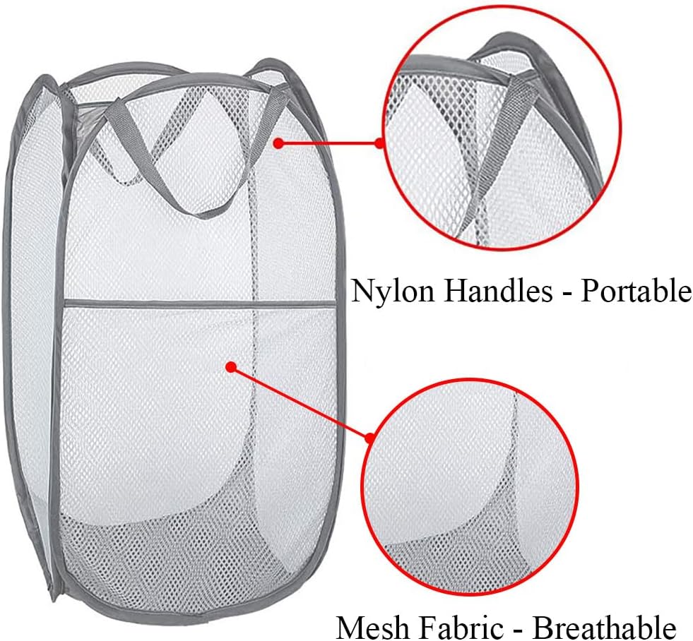 Larpur Popup Mesh Laundry Basket, Collapsible Laundry Hamper Portable Clothes Washing Laundry Hamper with Reinforced Carry Handles for Home, Dormitories, Travel, Apartments (Grey)
