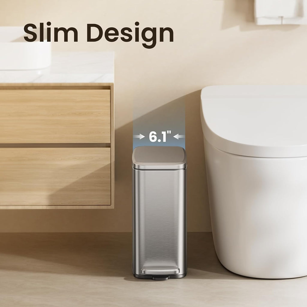 Cesun Slim Bathroom Trash Can with Lid, Soft Close, Silver, 6L/1.6 Gallon