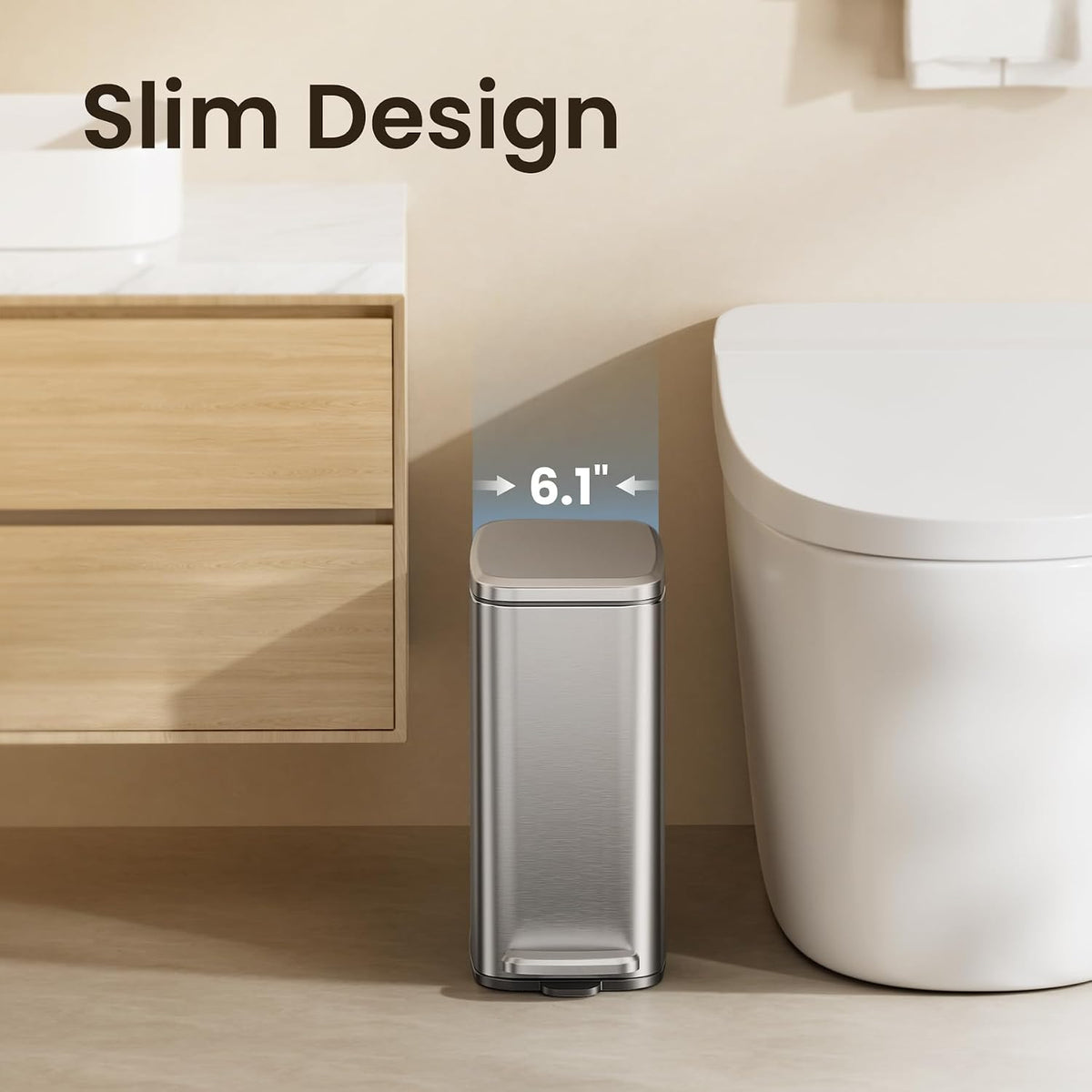Cesun Slim Bathroom Trash Can with Lid, Soft Close, Silver, 6L/1.6 Gallon