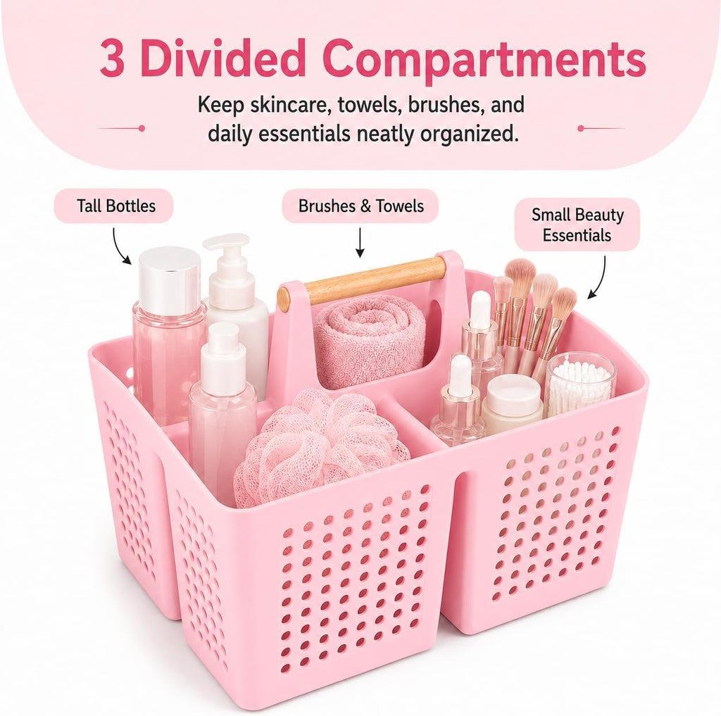 Portable Shower Caddy Basket with 3 Compartments and Handle, Caddy Pink
