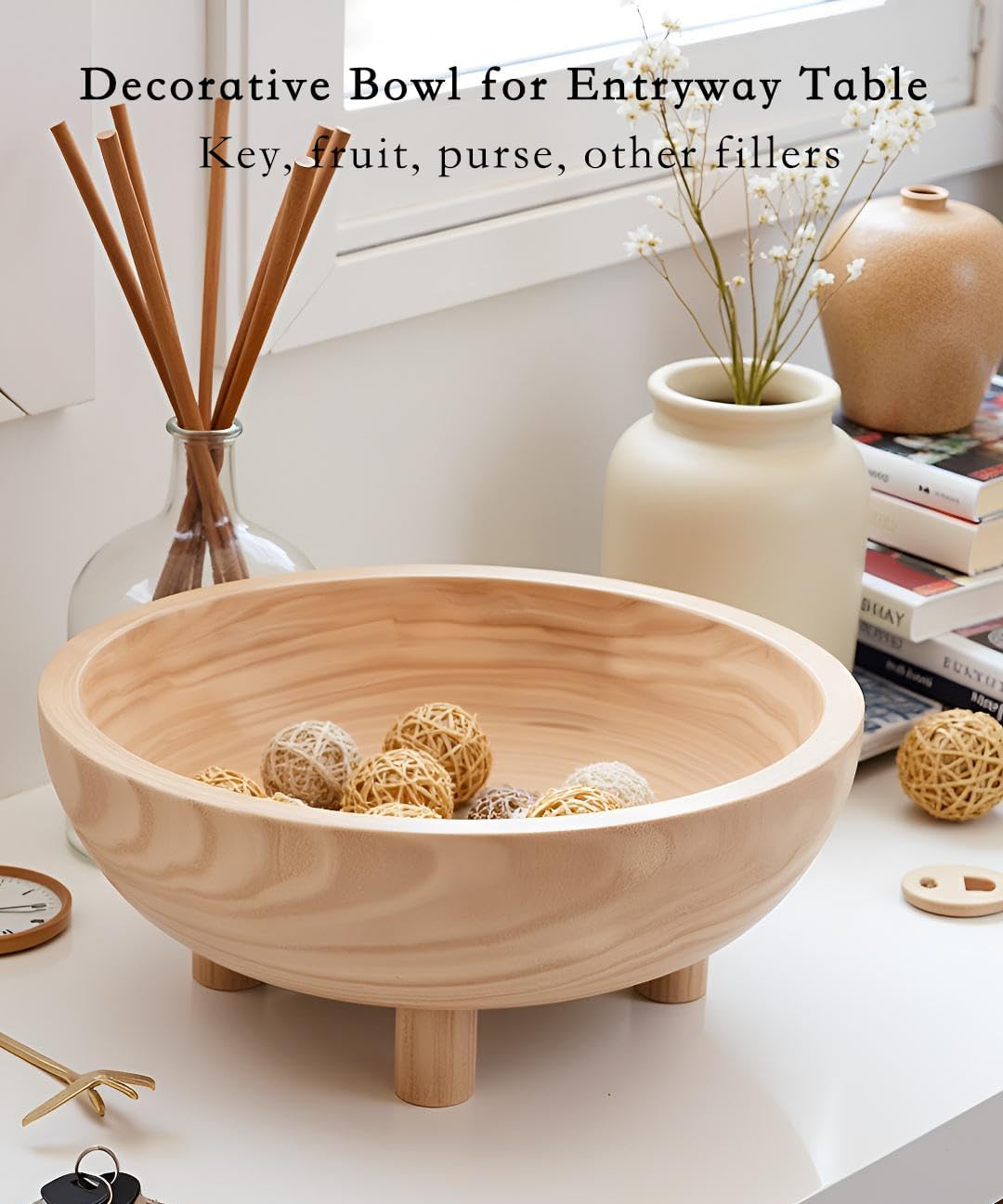 Wooden Decorative Bowl | 11" Large Wood Fruit Bowl for Kitchen Counter | Key Bowl for Entryway Table, Table Centerpieces, Shelf, Coffee Table | Natural Organic Paulownia Wood Bowl with Base | White