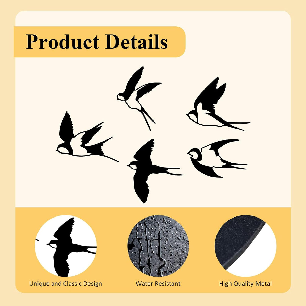ESTART Metal Birds Wall Decor, 5 Pcs Black Birds Metal Wall Art