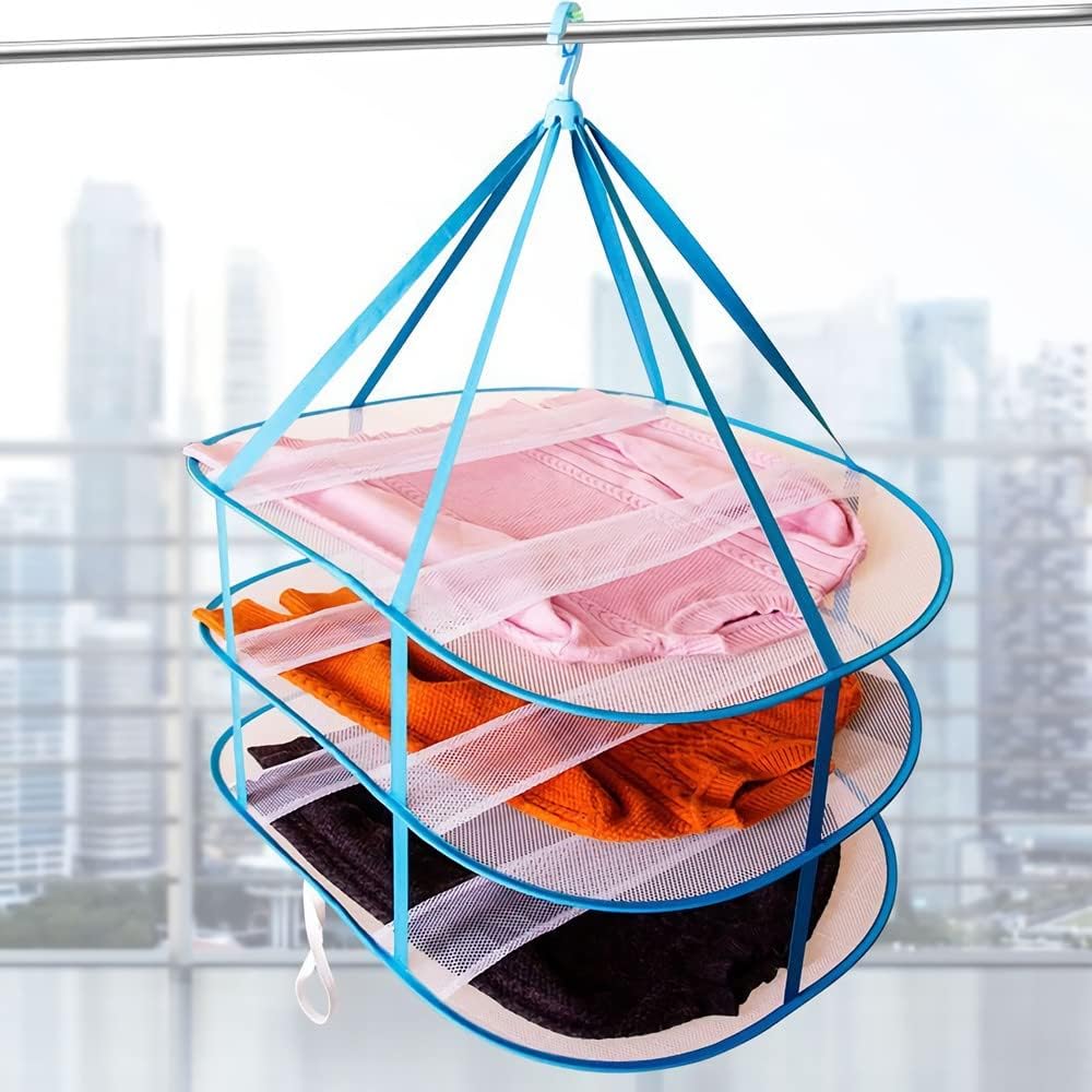 Large Size Sweater Hanging Dryer, 3 Tier Folding Drying Rack, Lay Flat to Dry Mesh Clothes Hanger for Sweater, Delicates and Swimsuit(30.3X24.4X30.7 in/1PCS)