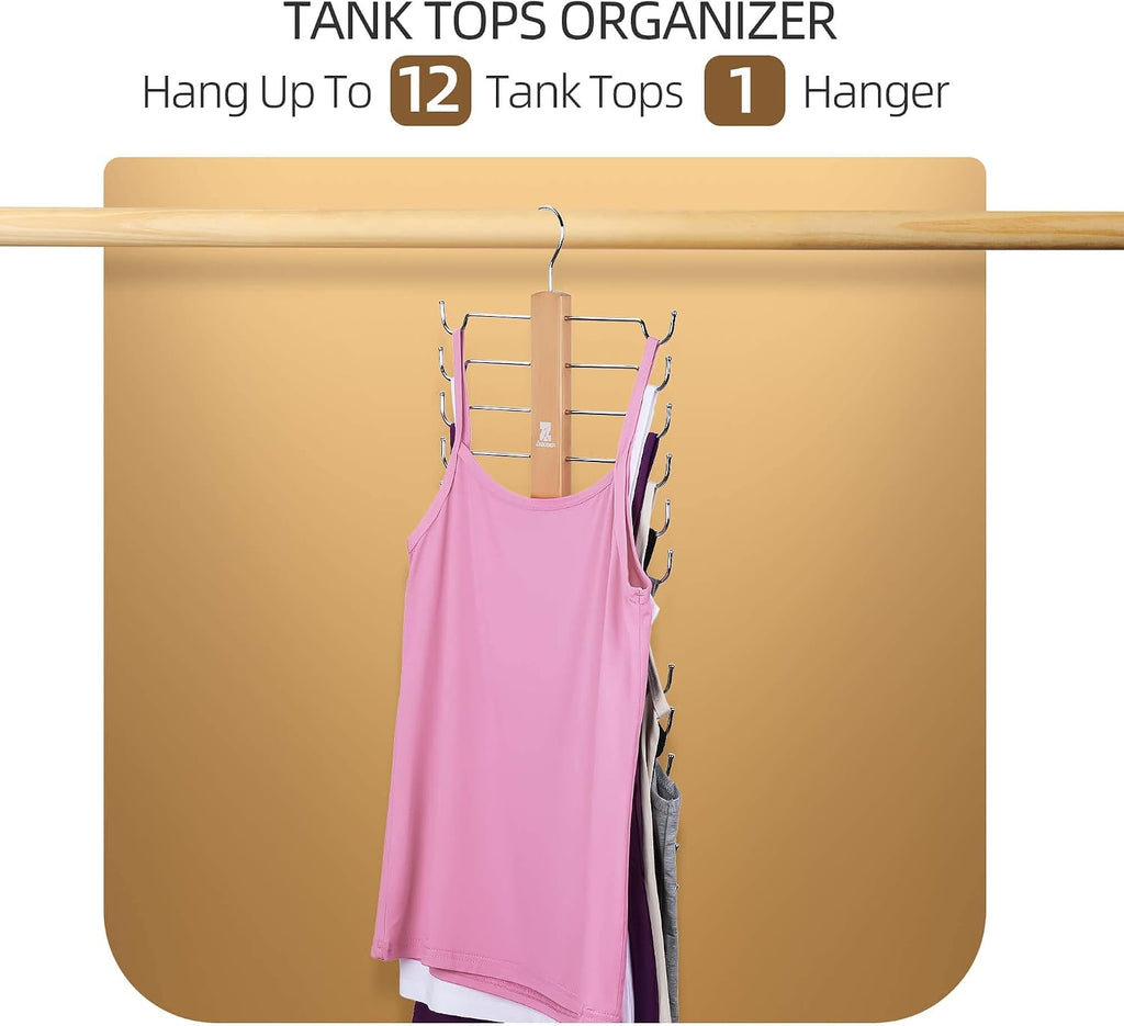 ZEDODIER Tank Top Hanger，2 Pack Wooden Bra Organizer for Closet, Maximum 12 Storage Capacity, Top 360° Rotation, Hanging Space Saving Hook for Tank Tops, Sport Bras, Camisoles, Lingeries