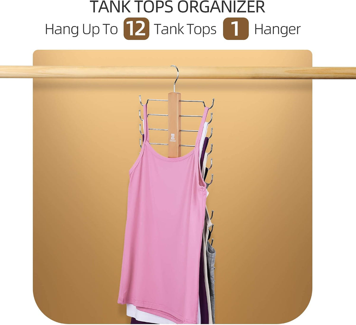 ZEDODIER Tank Top Hanger，2 Pack Wooden Bra Organizer for Closet, Maximum 12 Storage Capacity, Top 360° Rotation, Hanging Space Saving Hook for Tank Tops, Sport Bras, Camisoles, Lingeries