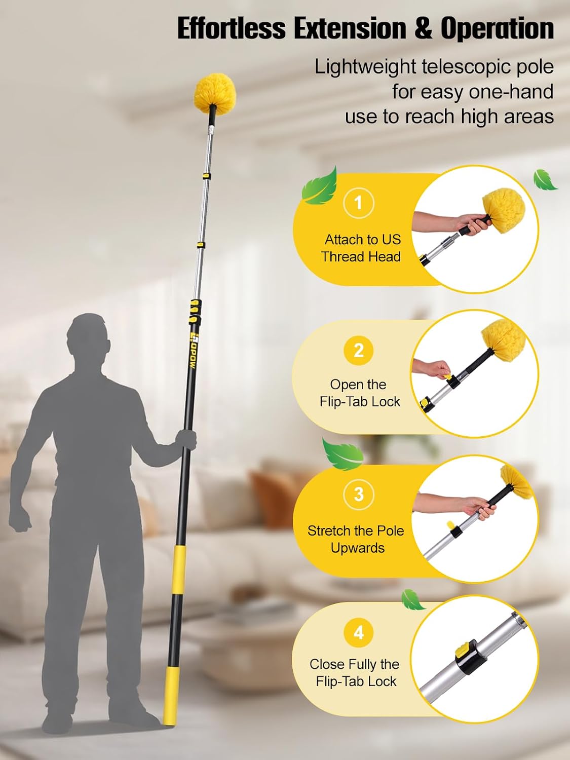 30ft High Reach Cobweb Duster with 6-24ft Extension Pole and 2 Brush Heads
