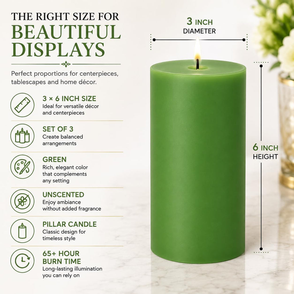Dinil Green Pillar Candles 3x6 Inch, Set of 3 Unscented Dripless Smokeless Candles, 65+ Hour Burn Time for Wedding Centerpiece, Dinner Table & Home Decor
