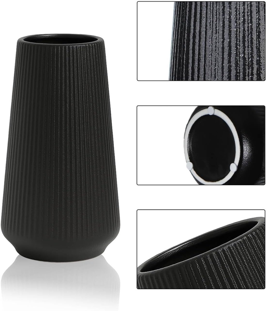 vensovo 8 Inch Glossy Black Ceramic Vase, Ribbed Narrow Neck Flower Vase