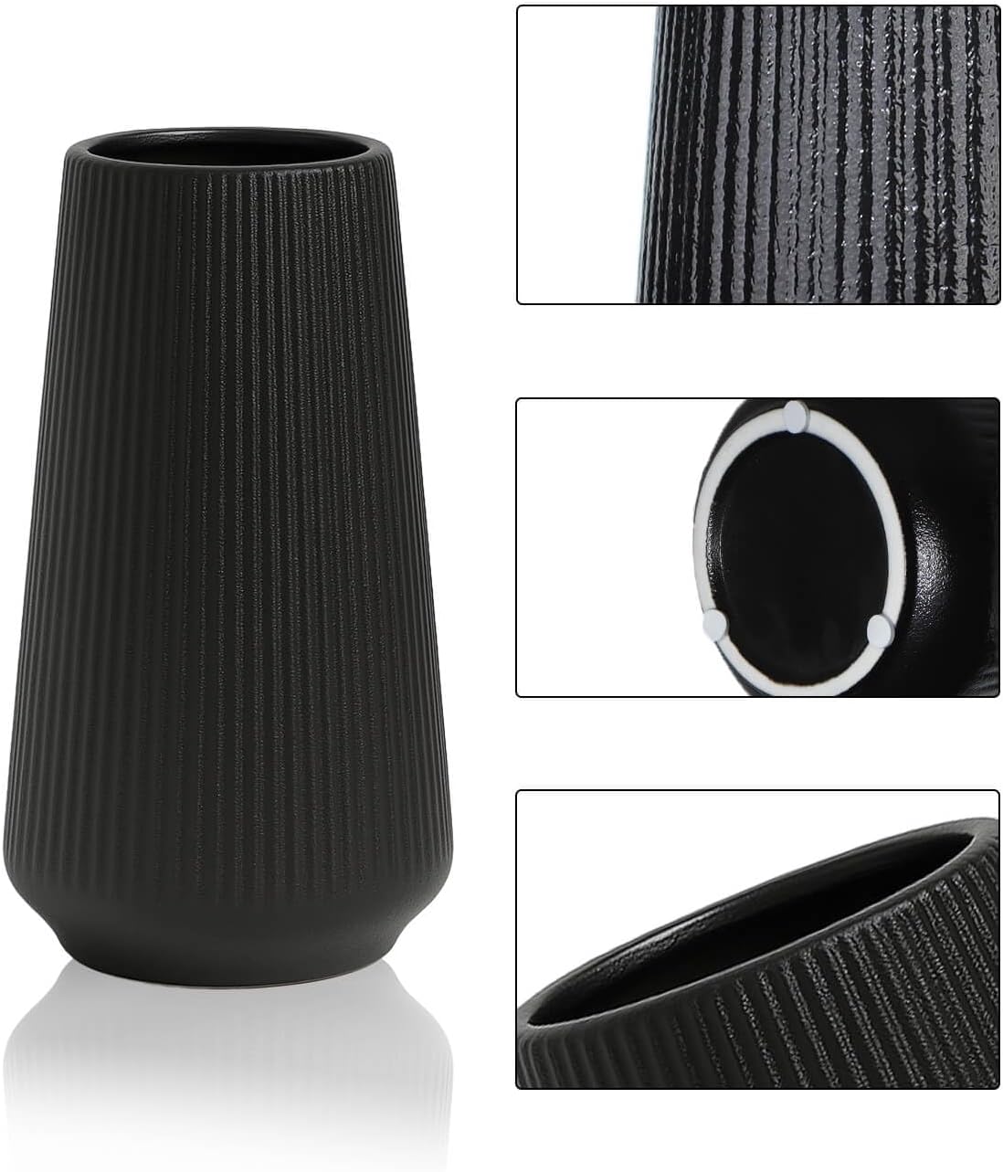 vensovo 8 Inch Glossy Black Ceramic Vase, Ribbed Narrow Neck Flower Vase