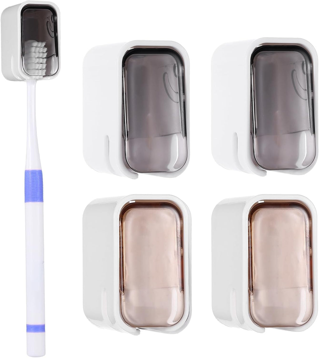 4 PCS Toothbrush Holder Wall Mounted with Cover, Electric Toothbrush Holders for Bathroom (Single-Slot Design), Moisture-Proof and Dust-Proof Organizer for Home and Travel Use(Gray,Brown)