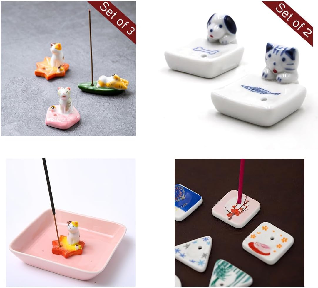 Set of 3, Japanese Mini Cute Kitty Cat Handmade Ceramic Incense Stick Holder or Incense Burner Holder, Adorable Animal Theme Inscent Tray for Home Decor Yoga Spa Meditation, 1.57 inch