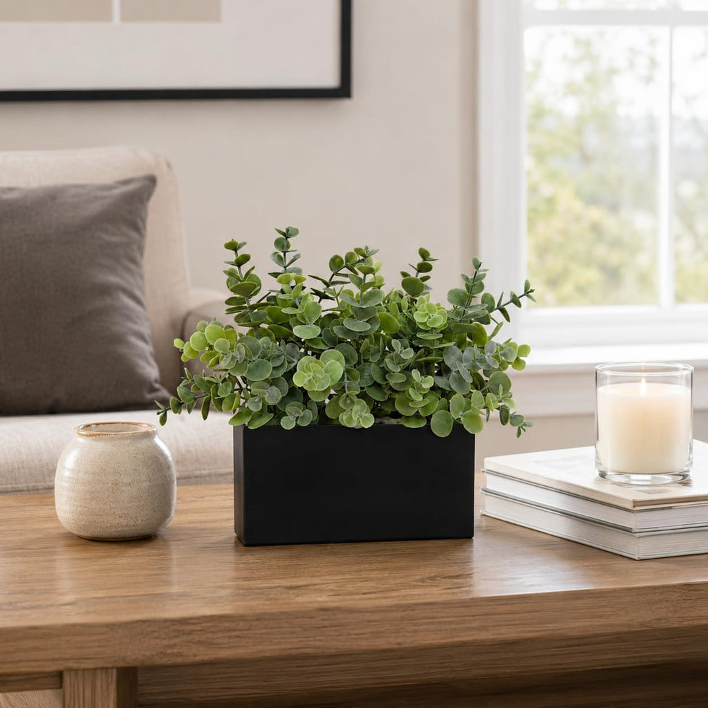 365 Blooming Decor Fake Eucalyptus Plants in Black Planter Box - Luxury Potted Artificial Eucalyptus Greenery with Real Pebbles for Farmhouse Bathroom, Shelf, Windowsill Décor//No Assembly Required//
