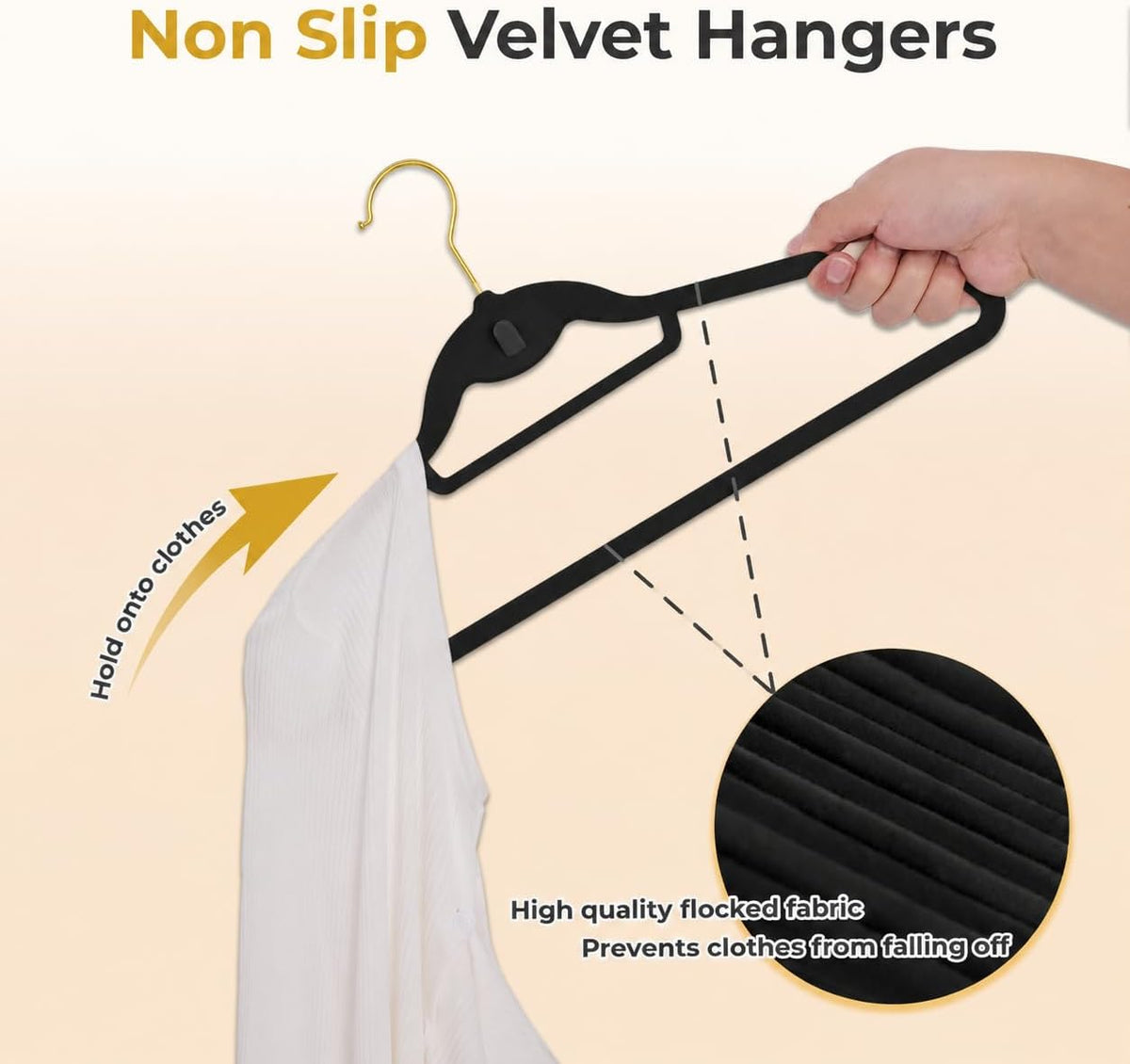 Black Velvet Hangers 50 Pack with Stackable Cascading Gloden Hook