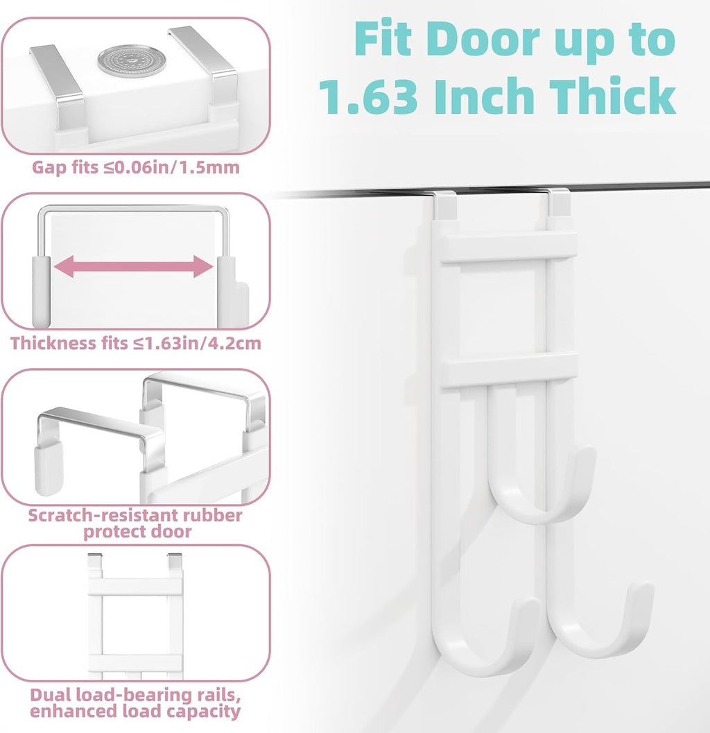 4 Pack Over-the-Door Hooks, No Installation Required, 100 Lb Heavy Duty with Anti-Scratch Rubber & Rust-Proof, Space-Saving Organizer for Coats, Towel & Bag, Bathroom, Bedroom, Kitchen, Office, White