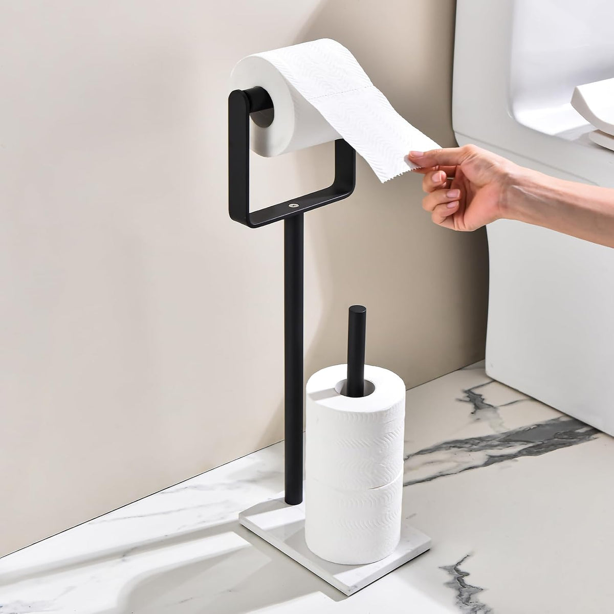 Hoooh Toilet Paper Holder Stand with Weighted Marble Base, Matte Black