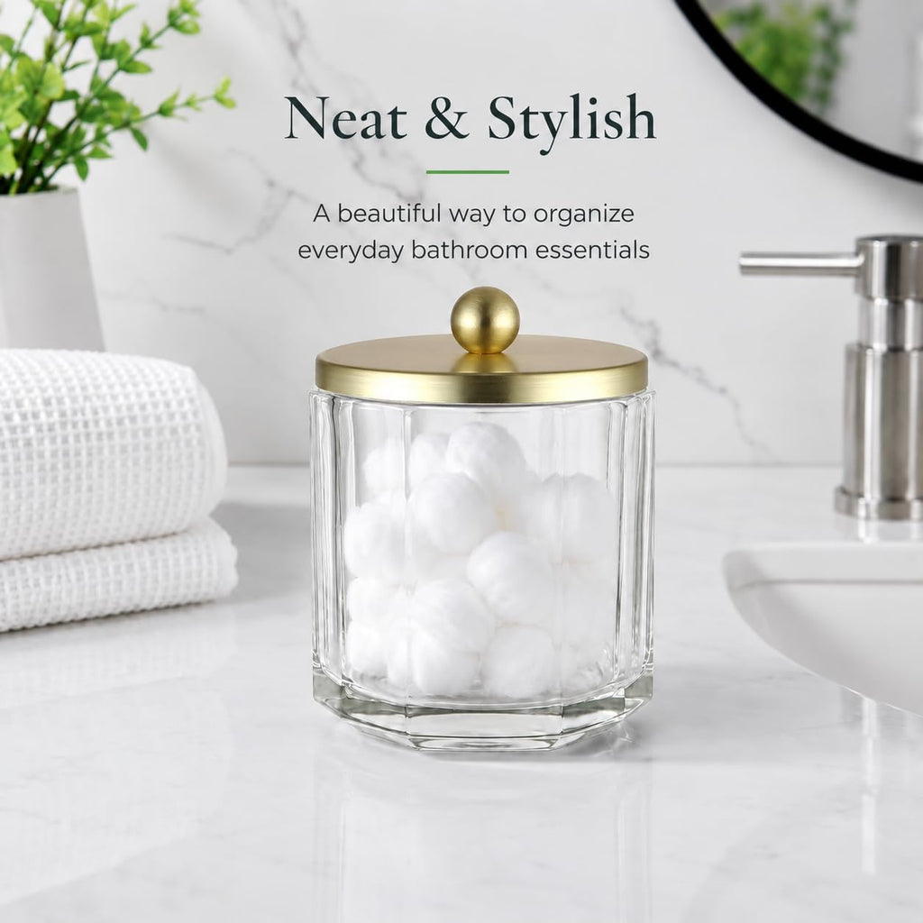 Clear Transparent Apothecary Octagional Shaped Glass Canister Jar With Gold Metal Lid Cover for Bathroom Organization, Cotton Balls, Q Tips, and Small Accessories, Bathroom Storage