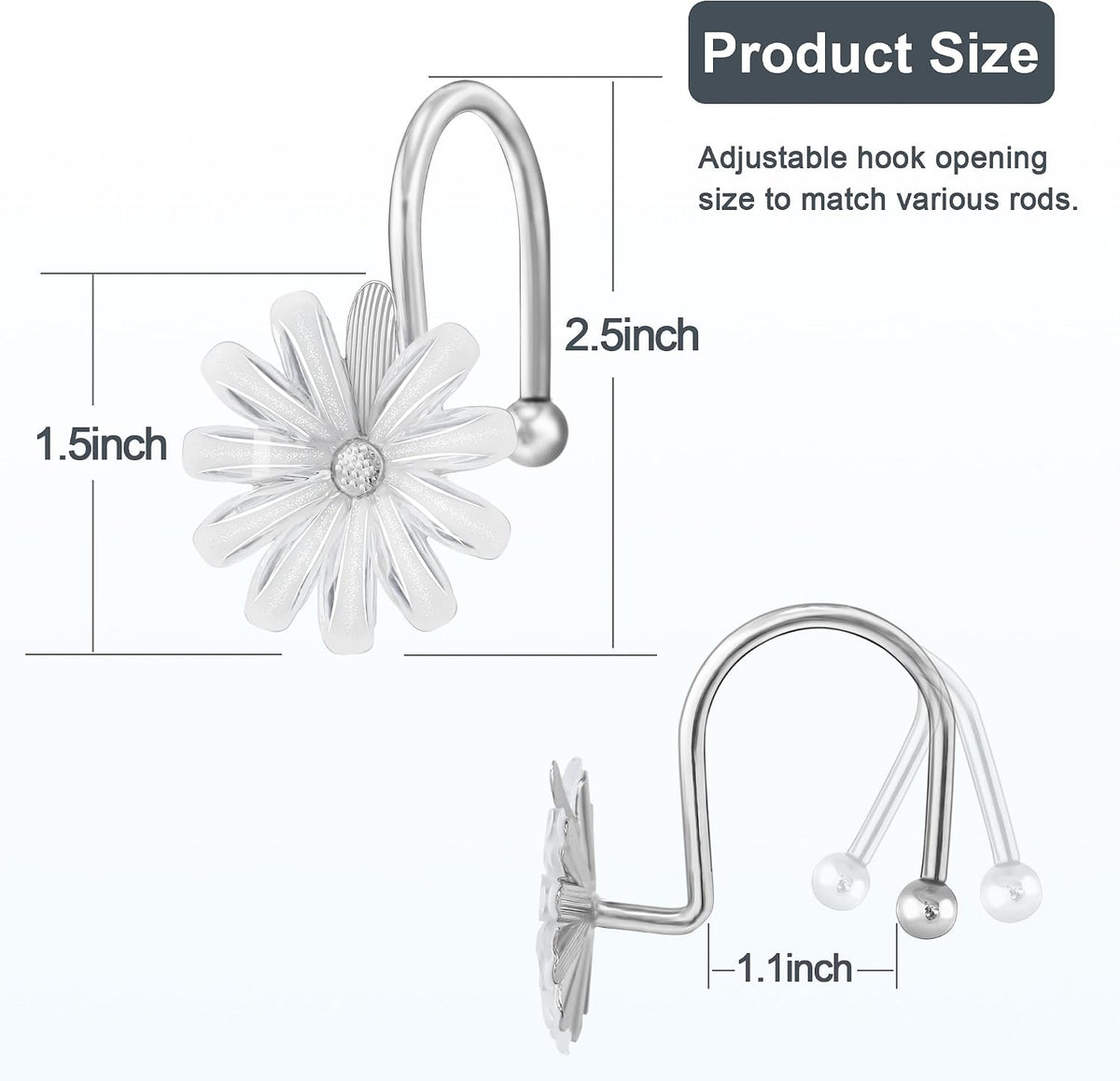 Shower Curtain Hooks, Rust Resistant Cute Daisy Metal Decorative Shower Rings Hangers Set of 12 for Bathroom Curtains,Clothing, Towels (Silver White)