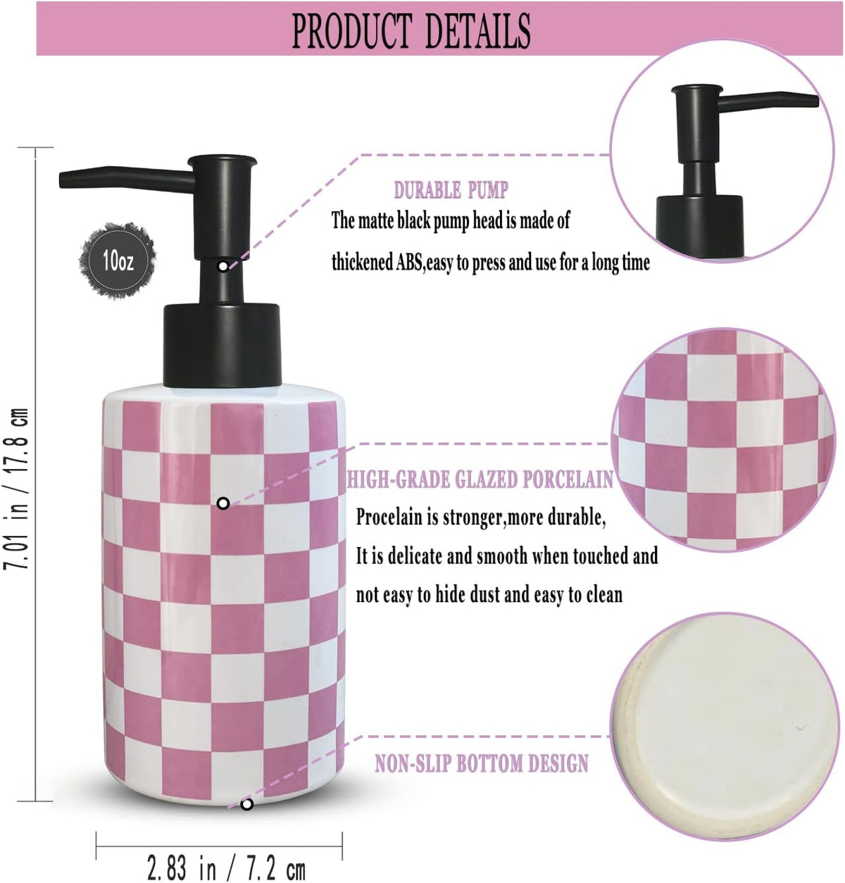 Bathroom Soap Dispenser with Matte Black Pump White Ceramic Soap Dispenser for Kitchen Checkerboard Empty Pump Bottle (Pink)