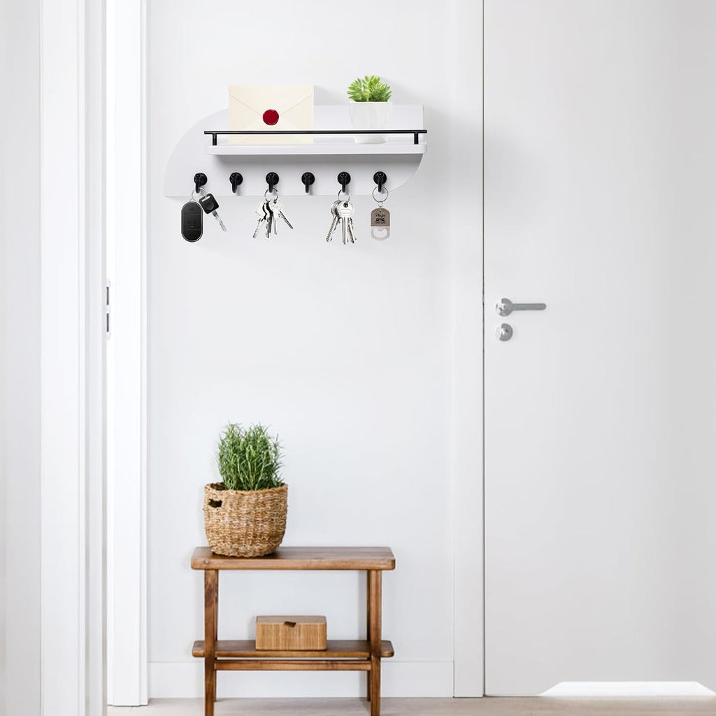 Key Holder for Wall, Decorative Key and Mail Organizer with 6 Sturdy Metal Hooks and Floating Shelf, 14 Inches Wood Wall Mounted Key Rack for Entryway, White and Black