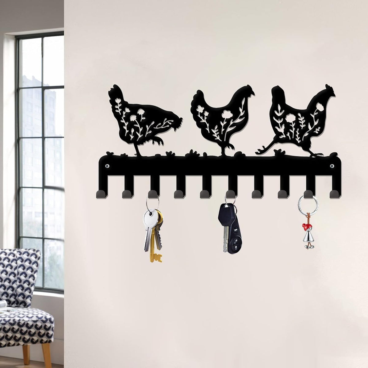 INFUNLY Key Holder for Wall Black Metal Key Hooks with 10 Hooks Floral Chicken Key Hook Rack Wall Mounted Key Organizer Hanger for Towel Bathroom Entryway Front Door Hallway Office, 5x10