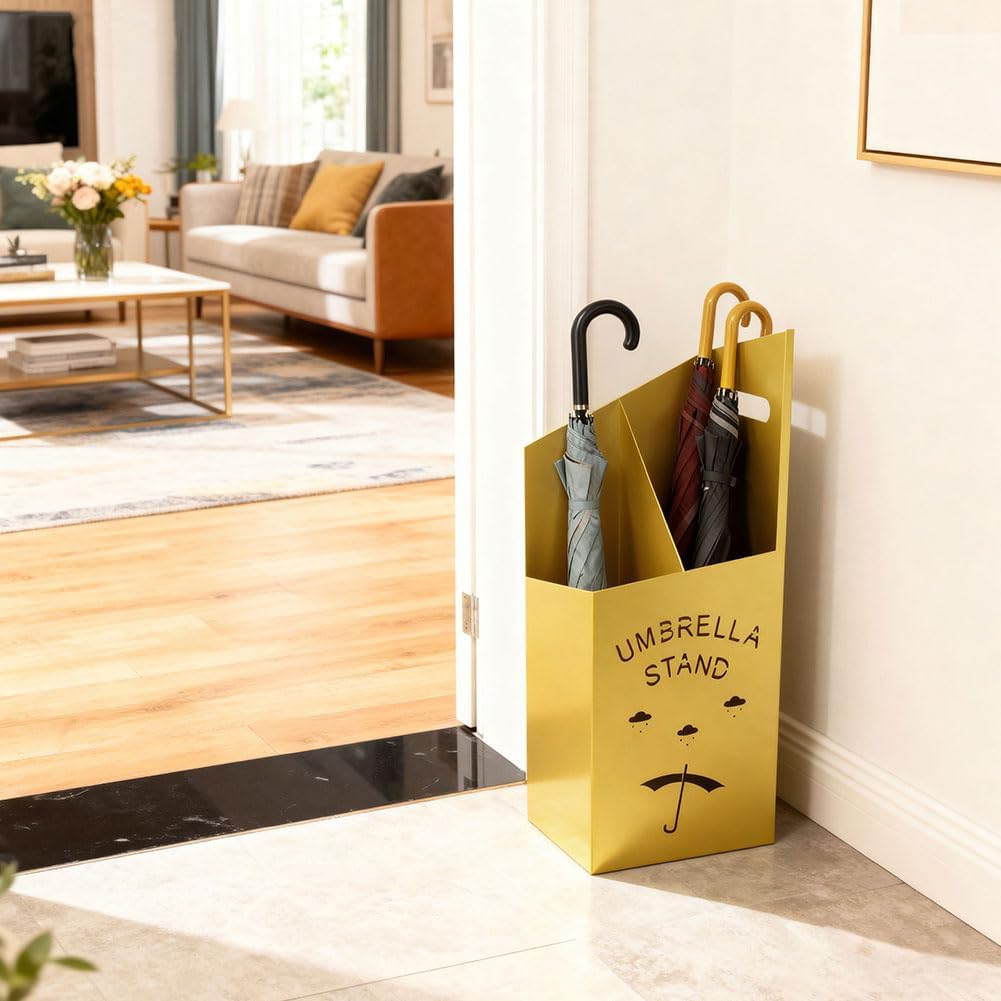 9.84" D x 7.87" W x 23.62" H Detachable Base Umbrella Stand - Elegant Raindrop Design, Water Collection Tray, Gold/Black Finish, Durable Home & Office Organizer